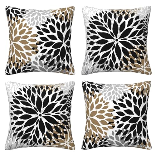 Verdiqor Black Brown Pillow Covers 18x18 Inch Set of 4 Black Tan Floral Throw Pillows Square Cushion Cases for Sofa Couch Bed Living Room Decor Decorative Pillowcases