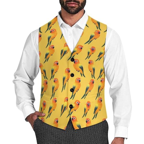 Sun Conure Birds Suit Vest for Men Slim Fit Sleeveless Jacket V Neck Business Waistcoat Button Up Dressy Top