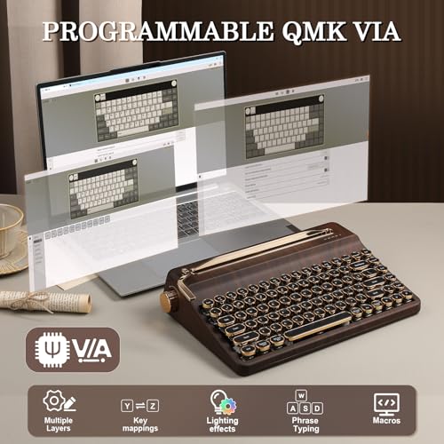 Image of YUNZII QL75 Wireless Typewriter Hot Swap Retro Mechanical Keyboard,Punk Round Keycaps,RGB Backlit QMK /VIA Programmable, Multi-Device Keyboard with 2.4GHz /Type-C /BT5.0 (Wood, Cocoa Cream V2 Switch)