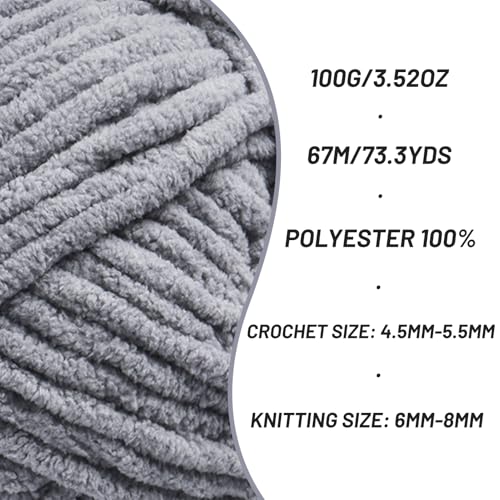 Image of 3 Pack Chunky Chenille Yarn for Crocheting, Baby Yarn for Crocheting Soft Blankets, Bulky Yarns for Crochet Amigurumi, 300g (223yds) Fluffy Velvet Yarns for Hand Knitting (3 Light Gray)