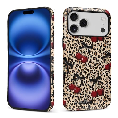 Coque iPhone 17 Pro Max rigide silicone motif léopard cerise nœud esthétique