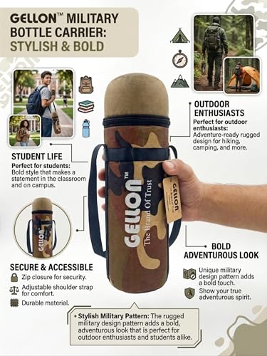 Image of Gellon Zip Bottle Cover In Teflon Coating Polyester Cloth For 750 ML, 1 L to 1.5 Litre Water Proof Drawstring Closer For Travel, Hiking, Office & School Kids In Military 1 Pattern