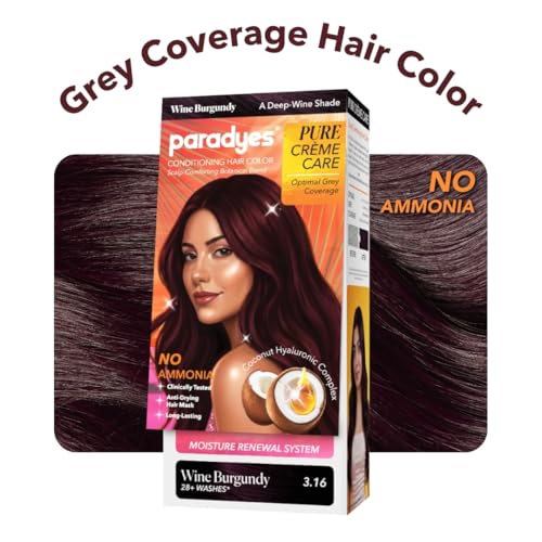 Image of Paradyes Pure Creme Care No Ammonia Hair Color Wine Burgundy 3.16 | Long-Lasting Creme Formula | Grey Coverage | Coconut Milk + Almond Oil + Hyaluronic Complex | Smooth & Shiny Finish | 60g+10 ml
