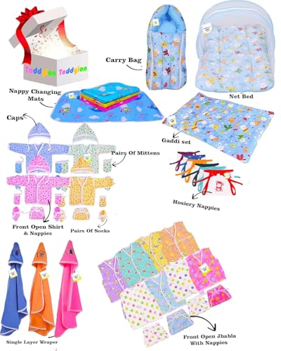 Image of Toddylon New Born Baby Essentials Kit 56 Combo Set (0-6 Months) | Newborn Hospital Bag Kit | Baby Combo Set for New Born | Infant Dress & Accessories Set | Ideal Gift for New Parents (Blue)