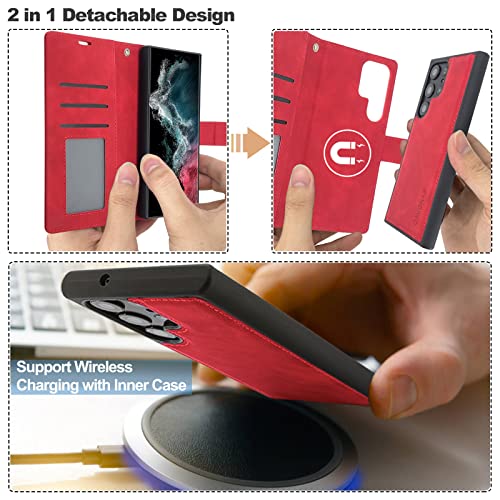Cavokas Case Wallet For Samsung Galaxy S23 Ultra Wallet Case, 6.8 Inch Magnetic Detachable Leather Flip Case With Card Holders, Wireless Charging Supported, Kickstand Phone Cover Rfid Blocking, Red #TOP1