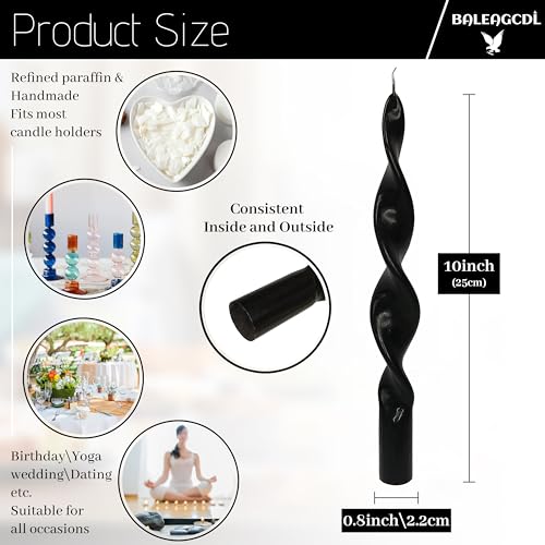 Image of Smokeless Black Spiral Taper Candle Handmade Unscented Taper Candlesticks 10 Inch Long Twisted Candles for Candlelight Dinner Holidays Wedding Home Decor