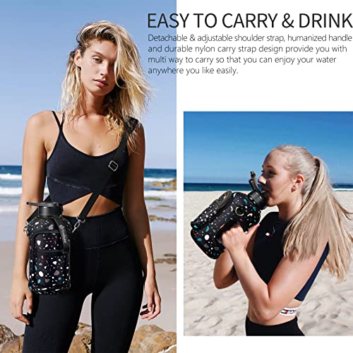 Fimibuke Half Gallon Water Bottle With Sleeve 64 Oz Water Bottle With Handle & Straw Leakproof Motivational Sports Water Bottle With Time Marker Water Jug With Neoprene Holder - Mysterious Fragments #TOP5