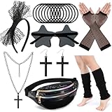 ZhouBoat 80s Costume Accessories Set for Women, Black Holographic Pack Fishnet Gloves Leg Warmer Lace Headband Cross Jewelry, 1980s Fancy Prom Dress Party Outfit