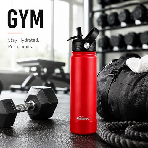 Image of Mininoo 24 oz Insulated Ceramic-Lined Water Bottle with Straw, Red