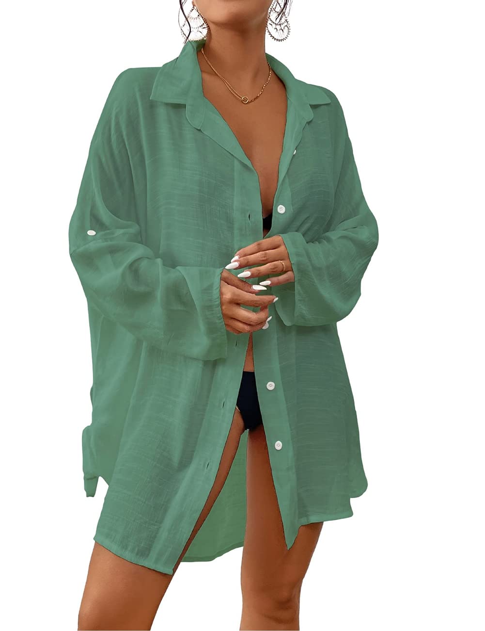 Bsubseach Mujer Bordado Media/Manga Larga Traje de baño Cubrir Mini Vestido de Playa