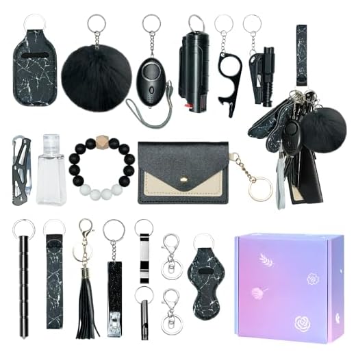 Jsngbse Conjunto de chaveiros de segurança para mulheres, kit de acessórios femininos com porta-cartões, abridor de garrafa, Preto