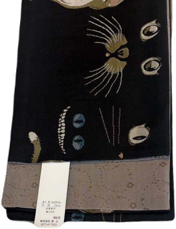 博多織 正絹 半幅帯 リバーシブル 猫 肉球 黒×白×ベージュ おりびと正絹