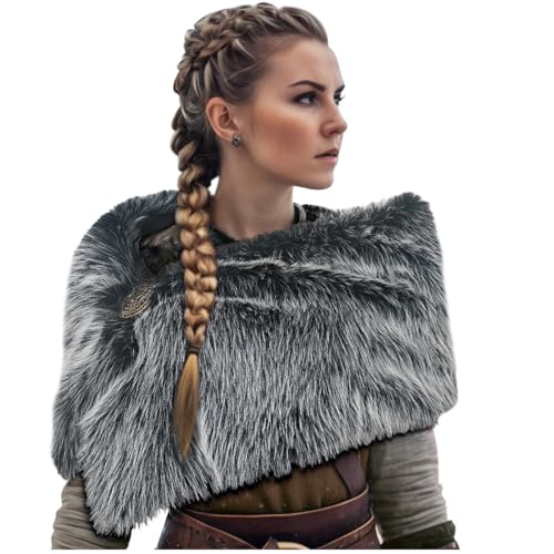 L'VOW Women Viking Faux Fur Shawl and Wrap Fur Stole with Medieval Brooch Fur Collar for LARP GoT Warrior Costume Accessories