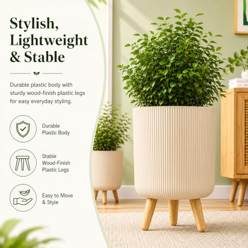 Image of Eightiz Store Modern Warm Beige Flower Pot with Plastic Legs | Indoor Outdoor Planter for Home Garden Balcony Decor Ribbed Design Sturdy Plastic Mid-Century Style (Warm Beige, Pack of 2)
