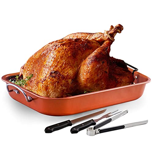 OVENTE Stainless Steel Roasting Pan with V-Shape Rack and Carving Set, 15x11.75 Inch Nonstick...