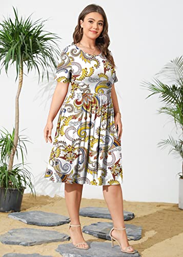 Image of POSESHE Womens Plus Size Summer Dress 2026 Casual Short Sleeve Empire Waist Loose Fit Swing T-Shirt Dress with Pockets