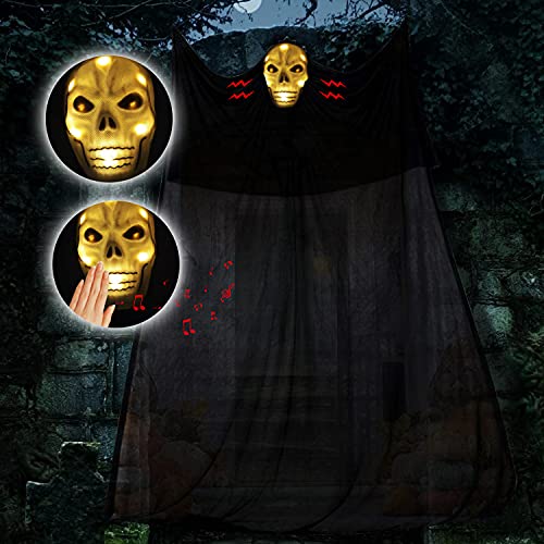 GSBLUNIE Halloween Ghost Hanging Decorations, LED Hanging Flying Gauze Ghost Decorations with Scary Creepy Voice, Black Creepy Cloth and Skull Mask for Haunted House Yard Party Indoor Outdoor Decor
