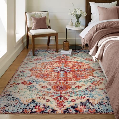Lahome-Bohemian-Floral-Medallion-Area-Rug-4×6-Oriental-Distressed-Bedroom-Rug-Country-Vintage-Faux-Wool-Indoor-Throw-Mat-Non-Slip-Washable-Low-Pile-Carpet-for-Bathroom-Living-Kitchen-Laundry-Room Lahome Bohemian Floral Medallion Area Rug 4×6 Oriental Distressed Bedroom Rug Country Vintage Faux Wool Indoor Throw Mat Non Slip Washable Low Pile Carpet for Bathroom Living Kitchen Laundry Room