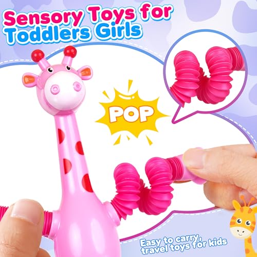 Image of Giraffe Sensory Travel Toys 4Pcs for Road Trip Car Ride Airplane Toddler Girl Year Old Ages 3 4 5 6 7 8, Suction Autism Pop Tube Fidget Toy Autistic Valentines Day Stocking Easter Basket Stuffer Gift