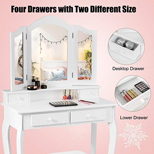 Giantex Vanity Table Set With Tri-Folding Mirror And 4 Drawers, Modern Bedroom Bathroom Dressing Table Makeup Desk With Cushioned Stool, For Women Girls (White) #TOP7