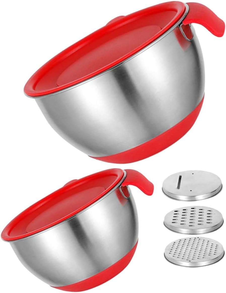 Stackable Stainless Steel Mixing Bowls with Red Handles, Silicone Non-slip Base, Multi-size Set (18cm 20cm) with Lids and Grater Attachments for Salad, Dough Kneading, and Food