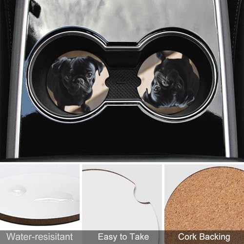 Posavasos para coche con diseño de cachorro pug negro, 2 piezas miniatura 5