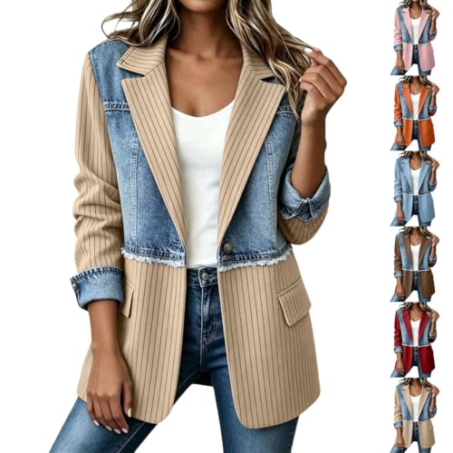 JiXiang Fall Jacket for Women Denim Patchwork Collared Button Front Blazer Jacket Long Sleeve Ribbed Knit Lightweight Shacket - image 1