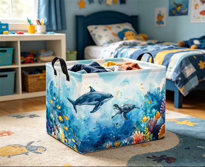 Image of Rectangular Baby Kids Storage Basket for Home Kitchen Girls Cute Toy Storage Bin Organizer Shelf Book Room Decor(Marine Animals)