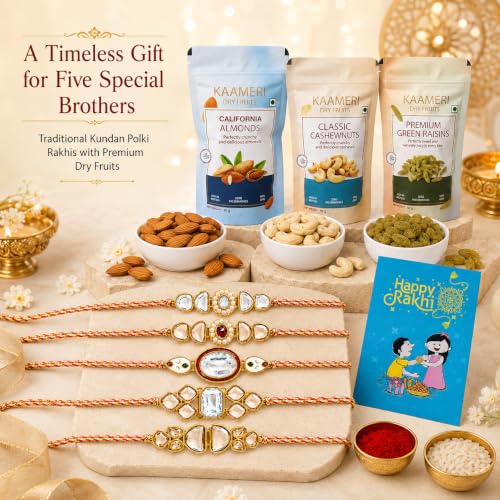 Image of Kaameri Bazaar Rakhshabandhan Gift Hamper for Brother - Combo with Dry Fruits - Rakhi for brother with Cashewnuts, Almonds, Raisins, Greeting Card and Roli Chawal Pack - Set of 5