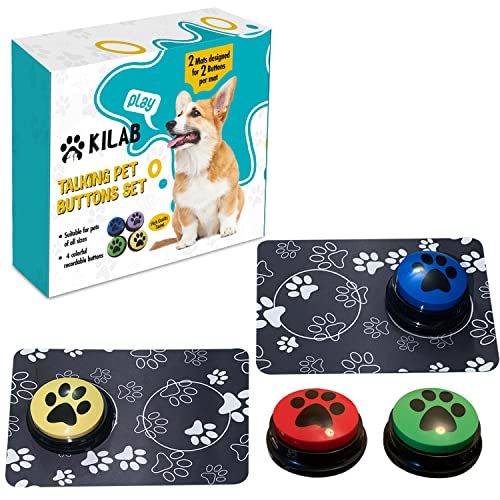 Kilab Talking Dog Buttons– Pack of 4 Recordable Dog Communication Buttons with 2 Mats | Talking Buttons for Dogs & Cats | Talking Dog Button for Communication with 30 Stickers (4 Pack)