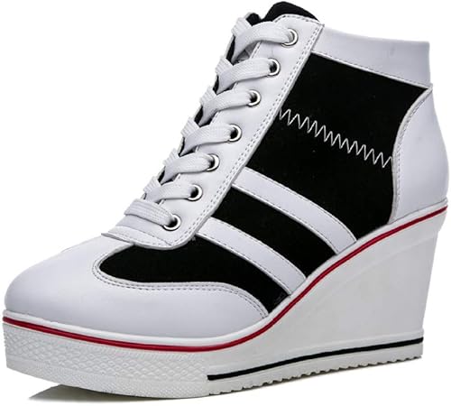 Mei MACLEOD Zapatos deportivos de cuña para mujer, con plataforma y tacón alto, botines de tobillo, zapatos de lona casuales