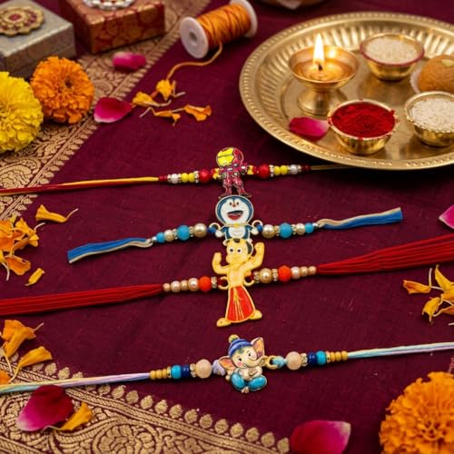 Image of Cartoon Rakhi for Kids Set of 4 with Chocolate- Cute Adorable Kids Rakhi for Teenager,Toddler,Boy,Girl,Baby,Younger /Small /Little Brother with Chocolate Gift