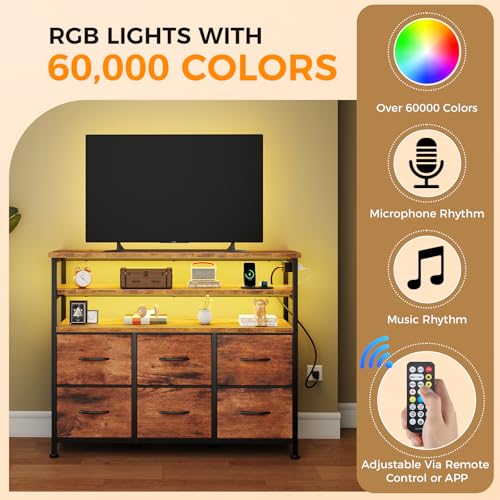 Image of NEWBULIG Dresser TV Stand with 6 Fabric Drawers and 2 Shelves, TV Media Console Table for Up to 45 inch, Entertainment Center with Charging Station for Living Room Bedroom, Rustic Brown