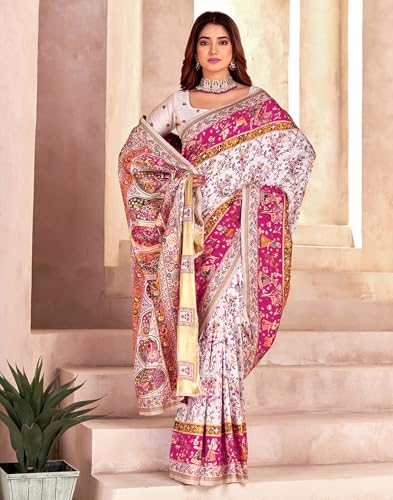 Image of SIRIL Women's Silk Kashmiri Minakari Jacquard Saree With Unstitched Blouse Piece