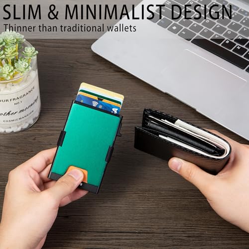 Image of Minimalist Mens Card Holder Wallet, RFID Blocking Slim Smart Pop Up Aluminum Wallet,Holds 12+ Cards,Expandable Compact Plate,Cash Strap /Money Clip (Forest Green)