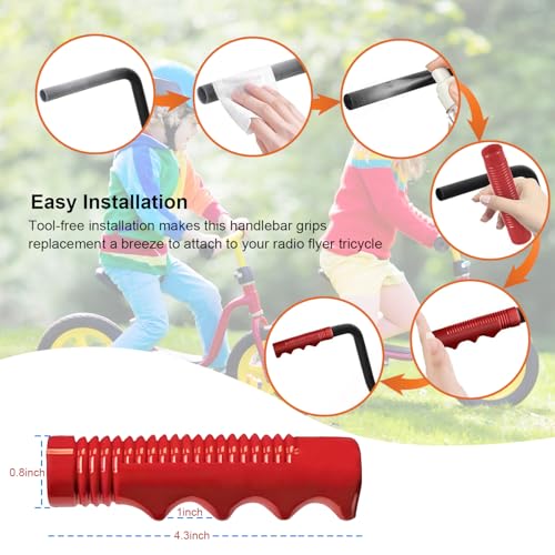 Grips Compatible with Radio Flyer Tricycle, 3/4 Inch Bicycle Grip, Kids Non-Slip-Bicycle Handlebar Grips, 1 Pair Red Tricycle HandlebarGrips and Classic Bike Bell