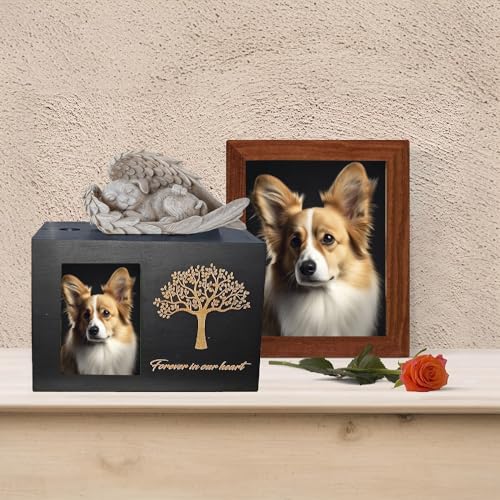 Exquilnova Tierurnen für Hunde, Holz Schwarz Urne Hund, Hunde Urne mit Hund Engel und Fotorahmen, Gedenkbox für Asche Katze und Andere Haustiere – zur ewigen Erinnerung (Hundeengel)