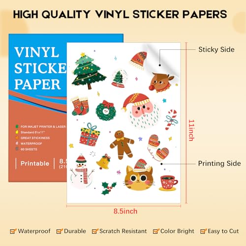 Papel adesivo de vinil imprimível premium para impressora a jato de tinta e laser, 60 folhas branco