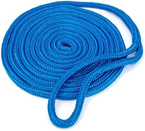 15-Foot Double Braided 3/8" Thick Nylon Dockline - Marine Rope Line with 10" Loop for Boat Mooring - Jet Ski & Watercraft Accessories, Tools, & Essentials (Blue)
