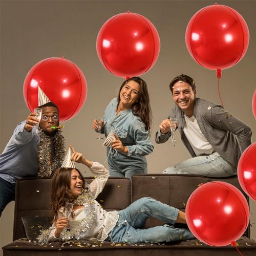 Image of Large Metallic Red Balloons 22 Inch Pack of 6 360 Degree 4D Round Red Metallic Balloons Red Chrome Balloons Red Foil Balloons Perfect for Christmas Decorations Party Balloons