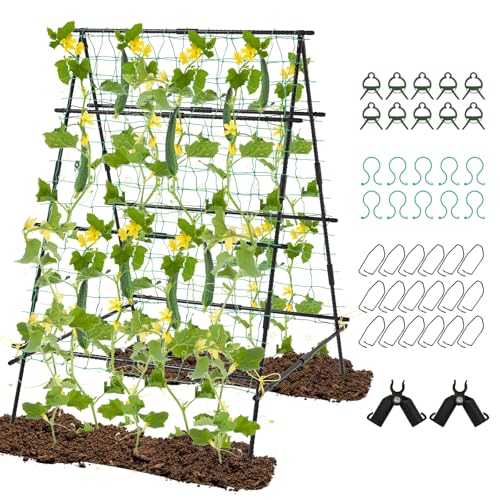 COSTWAY 41x57 Inch Cucumber Trellis, A-Frame Metal Garden Trelli with Netting, Clips & Plant Ties, Grow Support Stand Trellis for Climbing Vines Plant Vegetables Tomato Flowers
