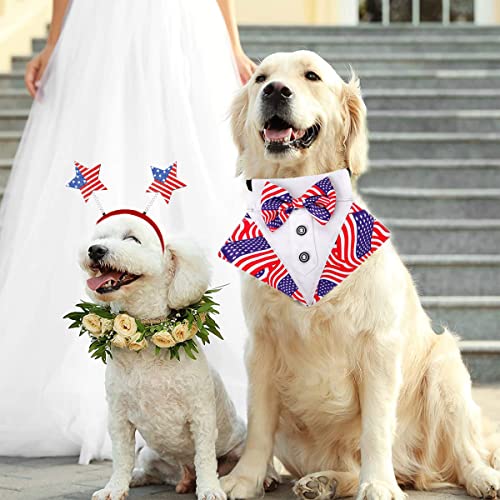4Th Of July Dog Costume 2 Pack, American Flag Formal Dog Tuxedo Bandana Collar + Patriotic Head Boppers Headband Costumes For Small Medium Large Dogs Cats, Independence Day Party Accessories (M) #TOP7
