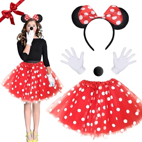 VASIN Maus Kostüme Damen, Maus Kostüm Set für Erwachsene, Inklusive Rot Tutu Mit Weiß Gepunktet Haarreifen Mit Maus Ohre Nasen Handschuhe, Mouse Kostüm für Karneval, Rollenspiel und Mottopartys