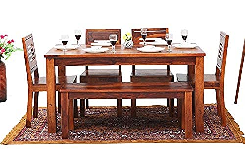 Image of Sheesham Wood 6 Seater Dining Table Set for Home Hall || Solid Wood Dining Table with 4 Chairs and Bench for Hotels || Dining Room Sets Honey Finish