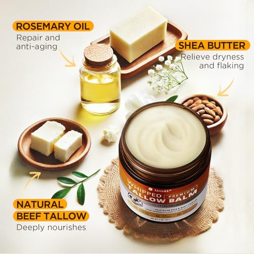 AirroYE Grass-Fed Beef Tallow for Skin: Whipped Beef Tallow Face Body Moisturizer - All Natural Skincare Tallow Balm for Eczema and Dry Skin 4oz (Unscented)
