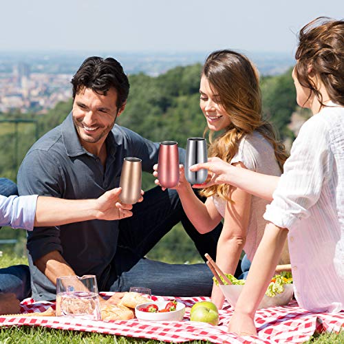 6 Pieces Stemless Champagne Flutes Double-Insulated Champagne Tumbler With Lips, 6 Oz Stainless Steel Unbreakable Cocktail Cups For Coffee Wine Glass Tumbler (Rose Gold, Champagne, Silver) #TOP6