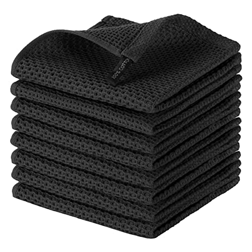 100% Cotton Kitchen Dish Cloths, 8-Pack Waffle Weave Ultra Soft Absorbent Dish Towels Washcloths Quick Drying Dish Rags, 12x12 Inches, Black