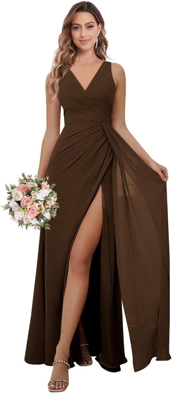 A-line Chiffon Bridesmaid Dresses with Slit Long V-Neck Formal Prom Party Dress for Women
