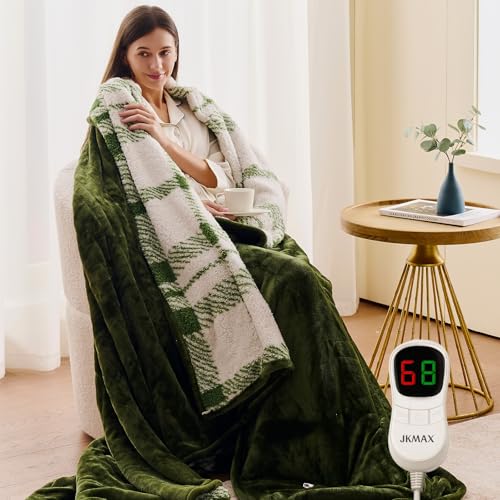 JKMAX Heated Electric Blanket Full Size - 72x84 Flannel Heating Blanket with 10 Heating Levels & 5 Time Settings Over-Heat Protection Winter Warmer for Adults with ETL CertificationGreen