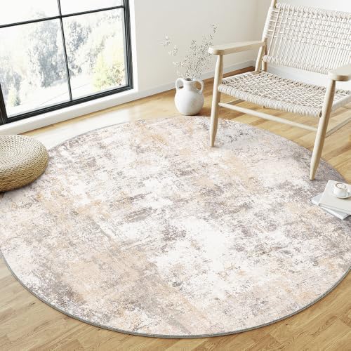 HUGEAR Beige Grau Teppich Rund 240cm Waschbarer | Waschbarer Modern Abstrakter Runder Teppich, Rutschfest, Kurzflorig, Weich, für Wohnzimmer, Schlafzimmer, Esszimmer, Büro